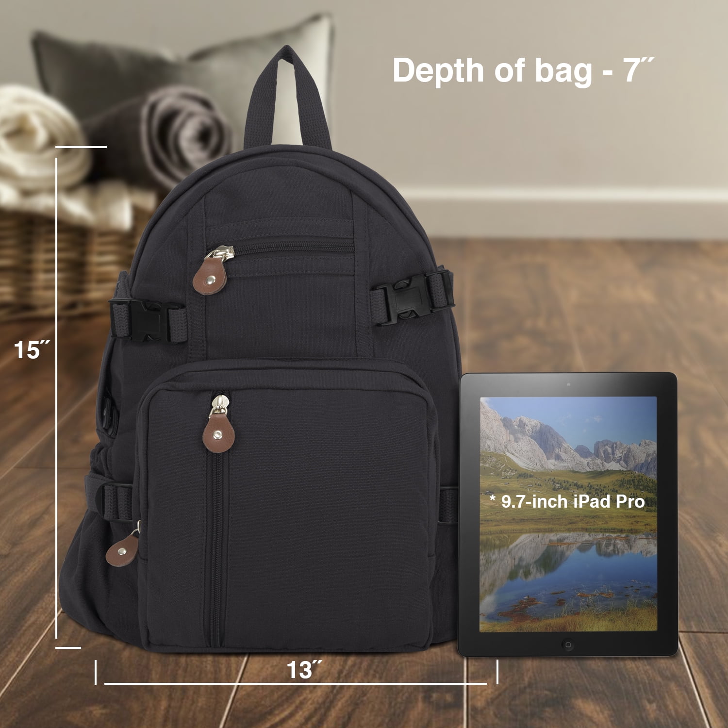 Heavyweight Canvas Backpack Bag, Black, Small with Rainbow