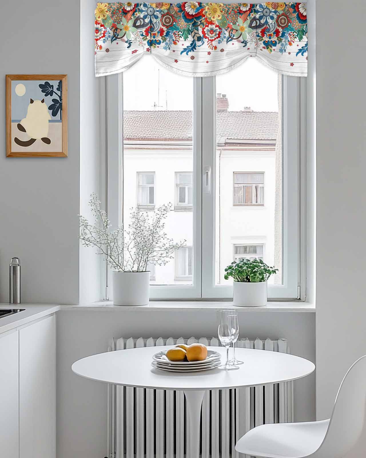 Boho Floral Tie Up Valances Curtain, Adjustable Kitchen Abstract Bohemian Bloom Flower Colorful Plant Wood Valances for Windows Decor, Rod Pocket Short Curtains Set for Bedroom/Bathroom, 54"x18"