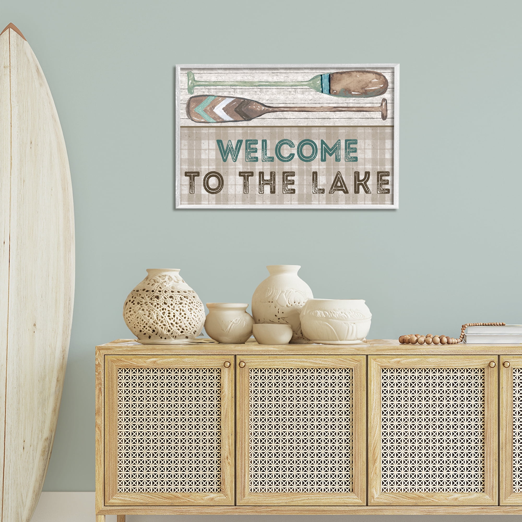 Stupell Industries Rustic Welcome Lake Oars Typography Painting White Framed Art Print Wall Art, 30 x 20