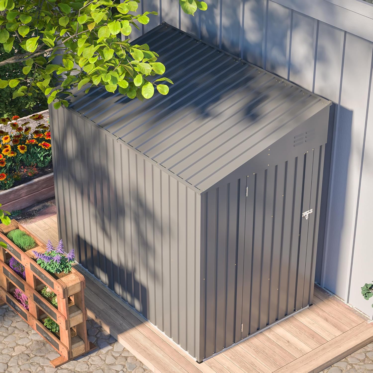 4×7 Ft Lean to Shed, Small Metal Outdoor Storage Shed，Waterproof with Lockable Door for Backyard, Patio, Garden, Grey