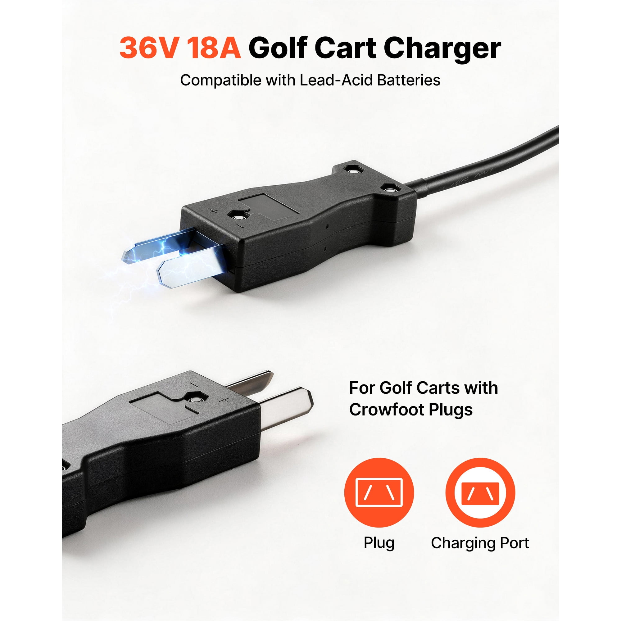 KFFKFF 36V 18A Golf Cart Battery Charger with Crowfoot Plug,Compatible with Lead Acid Batteries,Durable Aluminum Alloy Shell,Trickle Charging Function,LED Indicator,Cooling Fan,IP67 Waterproof Design