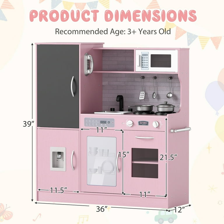 Gymax Play Kitchen Toy Set w/ Chalkboard Oven Sink Curtain