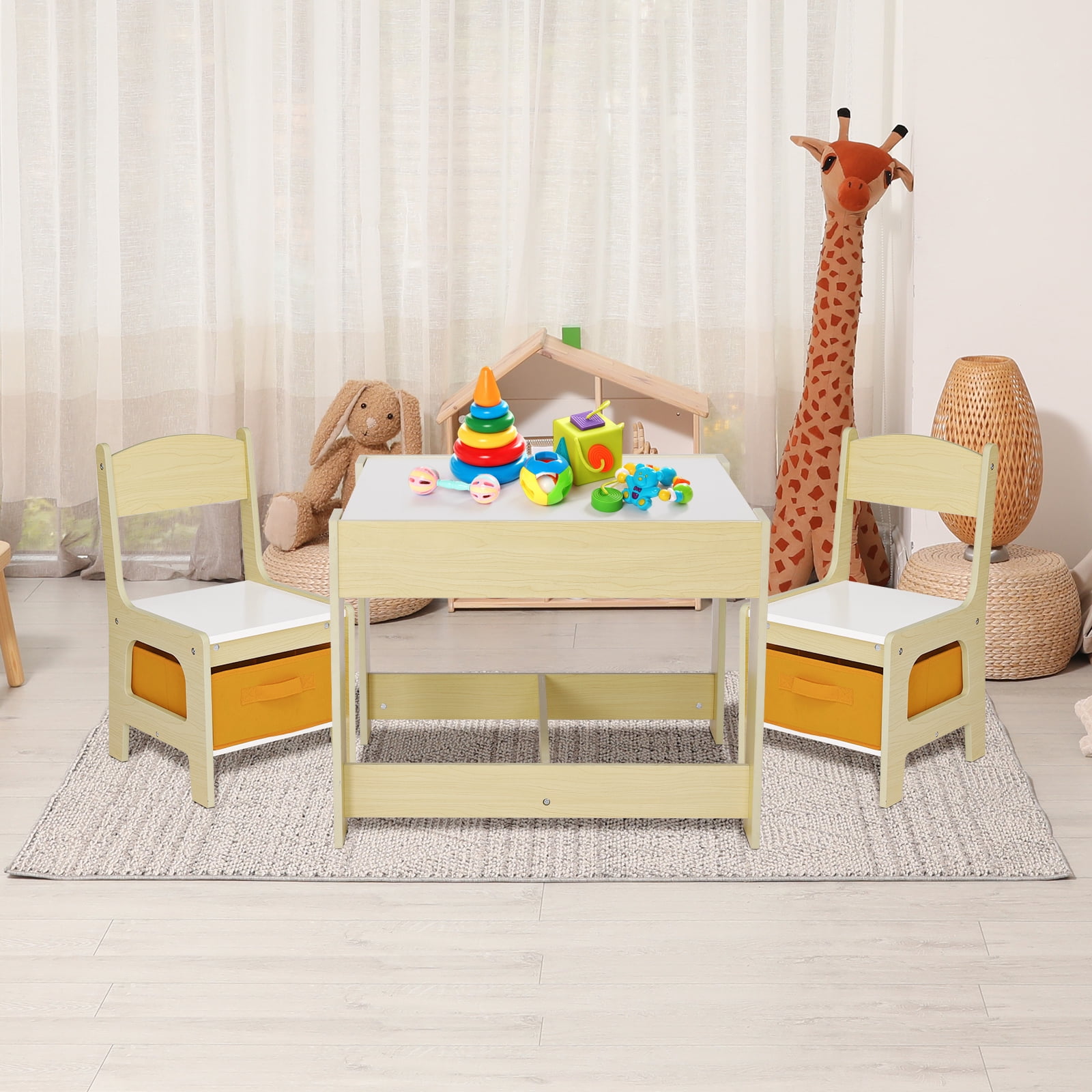 Arlopu Kids Table and 2 Chairs Set, Wooden 3pcs Activity Play Table Set for Toddlers Art Crafts Drawing Reading
