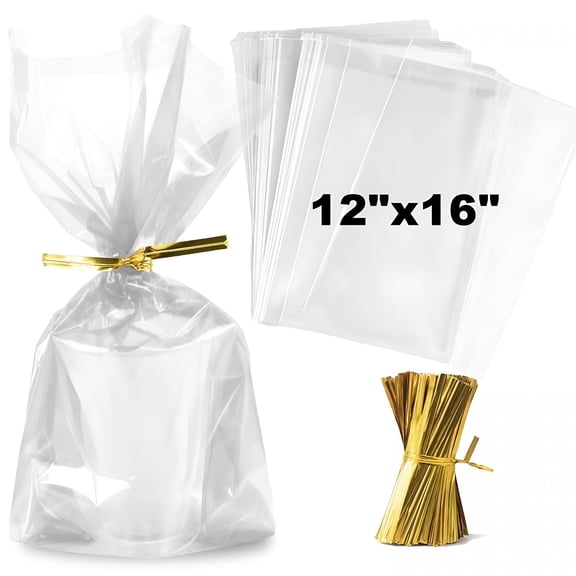 CCOCC Clear Cellophane Gift Bags - 100 Pack 12"x16" BOPP, 2 mil clear gift bags with 4" Gold Ties, for Candy, Cookies, clear bags for treats