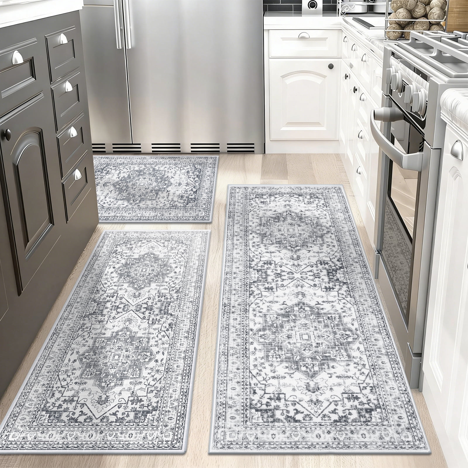 Findosom 3pcs Kitchen Rugs Set,Washable Boho Farmhouse Kitchen Mats for Floor,Non Slip Kitchen Floor Mat Carpet Runner Rugs for Entryway Hallway Laundry Home Decor 20"x32"+20"x47"+20"x59" Gray