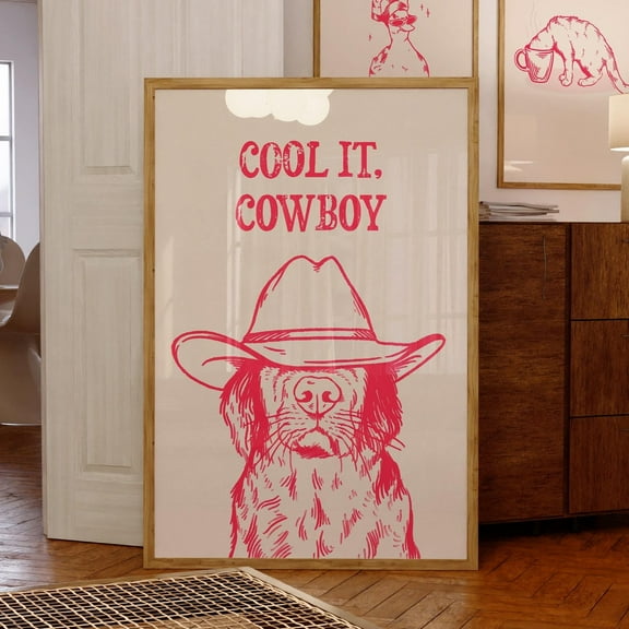 Cool It Cowboy Pink Print Retro Print Western Dog Print Vintage Art Pink Wall Art Dog Trendy Decor Western Poster Art Funky ,Decor For Living Room Bedroom, 8x12 UNFRAMED