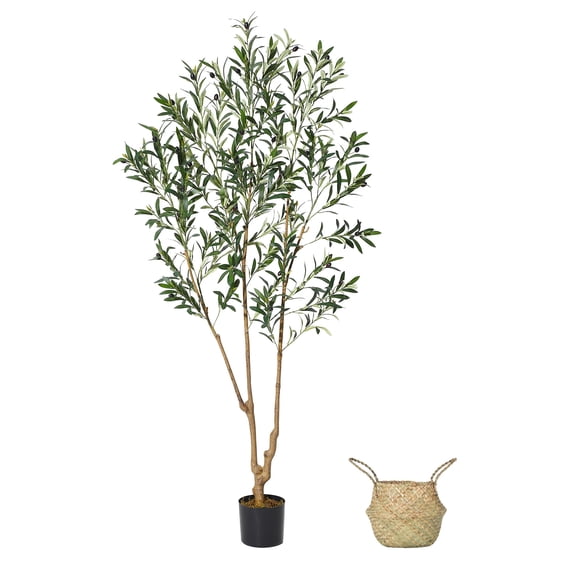 Arbre d'Olivier Artificiel de 6 Pi, Fausses Plantes d'Intérieur avec Panier Tressé, Plante Artificielle de 72 Pouces de Hauteur pour Décoration de Sol avec Feuilles Réalistes, Grand Arbre Factice pour Ferme Moderne, Salon et Bureau