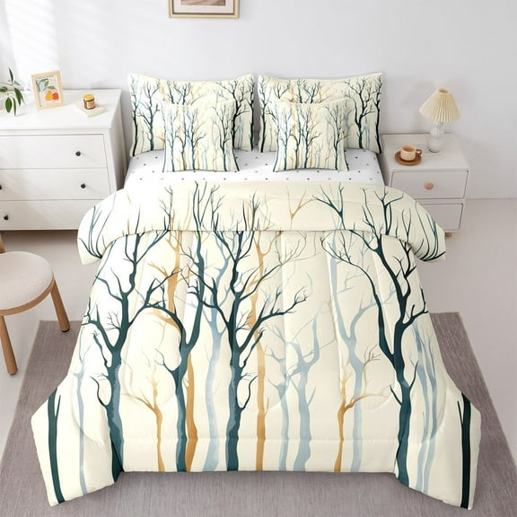 Homewish Vintage Branches Plant Twin Bedding Sets 7-Piece, Chic Stripes Abstract Bedding Comforter Set, Rustic Farmhouse Reversible Sheet Sets, Luxury Bedroom Decor