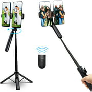RIIEYOCA Selfie Stick Tripod with Dual Phone Holder , Extendable Aluminum Bluetooth Selfie Stick with Remote Compatible