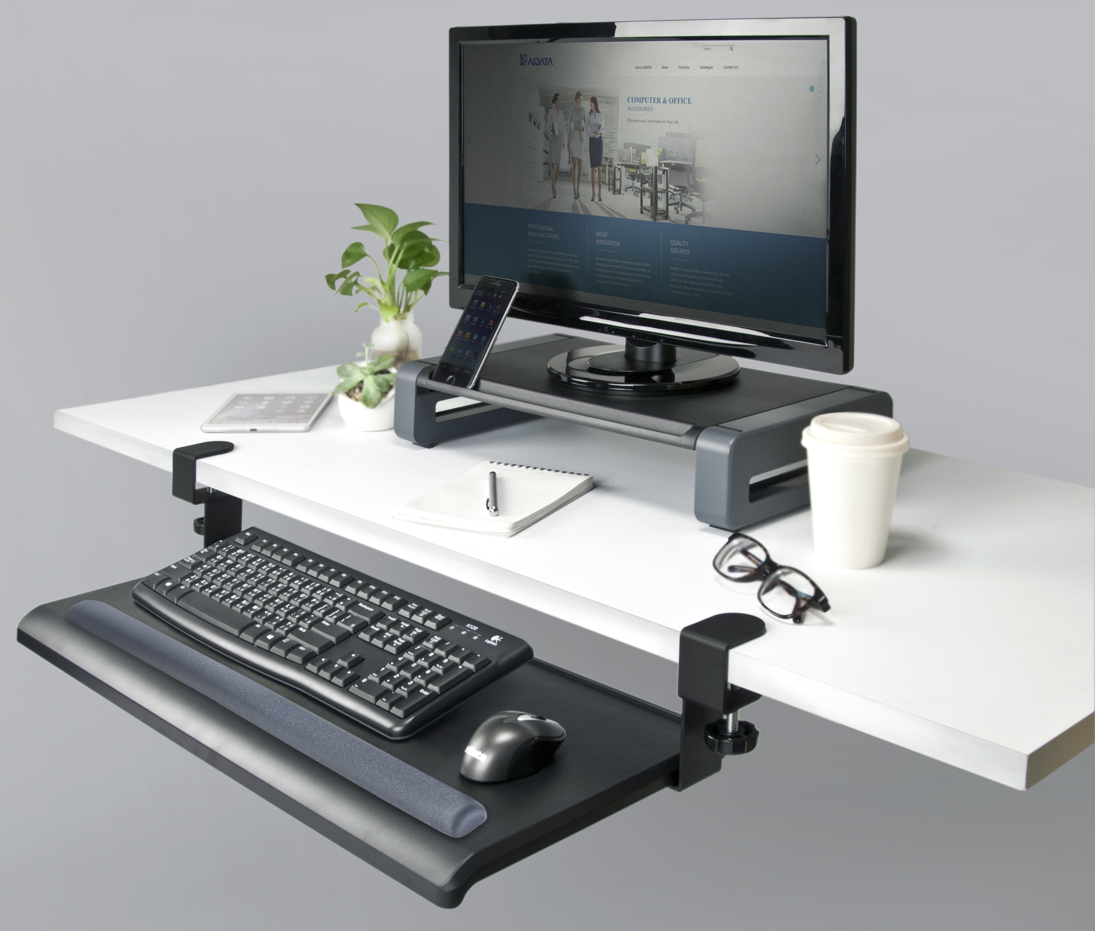 Extra-Wide Desk Clamp Keyboard Tray / Large keyboard surface 27.5" x 12.2" / Sturdy metal clamp fits desk thickness of 1.5" / Smooth sliding rail design for easy access / Includes Gel Wrist Rest