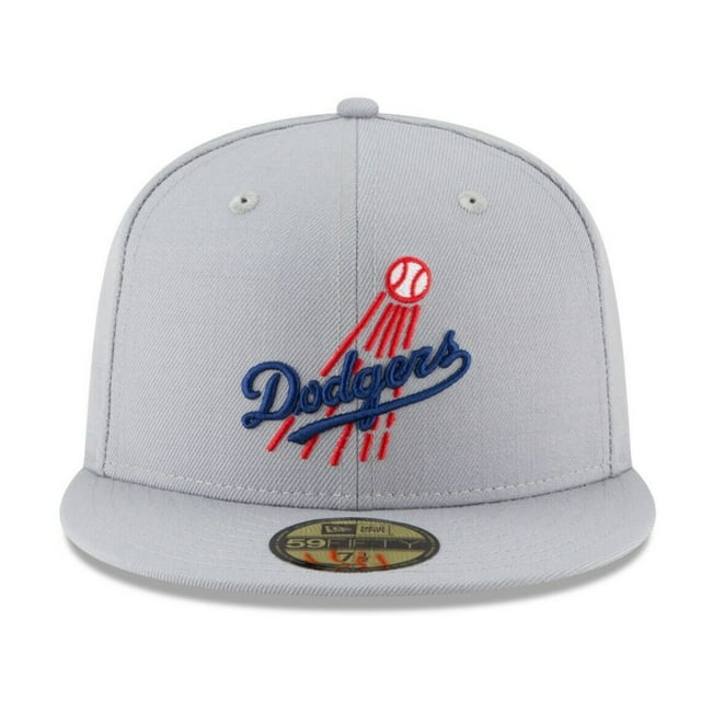 gorra new era 59fifty 7 1/4 los angeles dodgers 11590971 Gris, vista frontal centrada de gorra cerrada 59FIFTY fitted; logo Dodgers bordado en azul y rojo en el panel frontal, visera plana, ojales superiores bordados y etiqueta 59FIFTY visible en la visera. También suele usarse como gorra de colección MLB o complemento urbano.