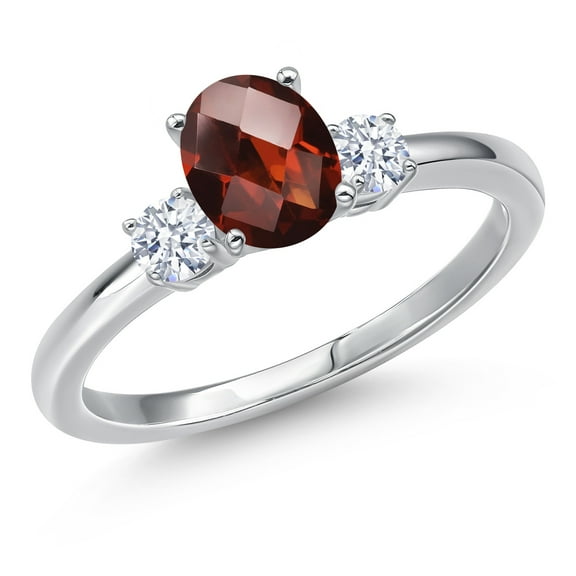 Gem Stone King 14K White Gold Red Garnet and White Zirconia Engagement Ring for Women | 1.22 Cttw | Oval Checkerboard 7X5MM | Gemstone January Birthstone | Size 9