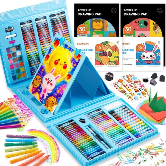 huttle Art 335 Piece Kids Art Set, Multi-Media Art Supplies, Gift Art Kit with Trifold Easel, 2 Drawing Pads, 2 Coloring Books, Oil Pastels, Crayons, Watercolors, Markers, Colored Pencils (Blue)