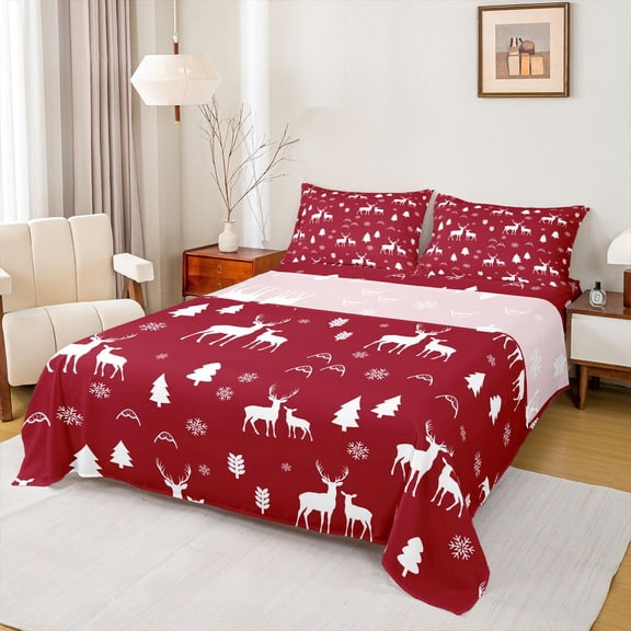 Manfei Cute Christmas Reindeer Twin Sheet Sets,Merry Xams Twin Fitted Sheet,Red White Flat Sheet For Teens,Luxury Bedroom Decor,3pcs