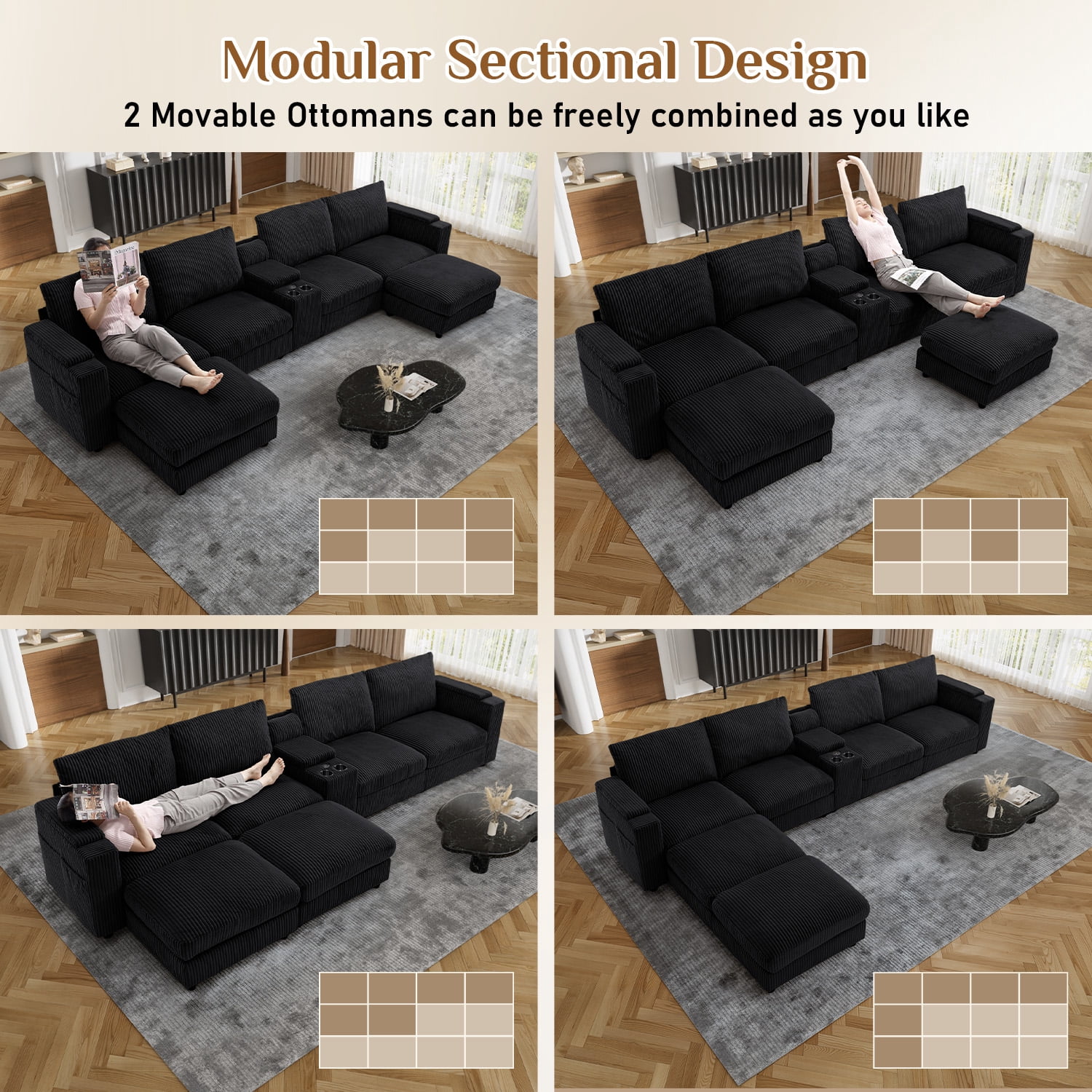 Wiilayok 153" Oversized U-Shaped Cloud Couch Sectional with Modular Design for Living Room: Comfy Corduroy, Ottoman, USB Port, Cup Holder, Armrest Storage, Side Pocket, Black