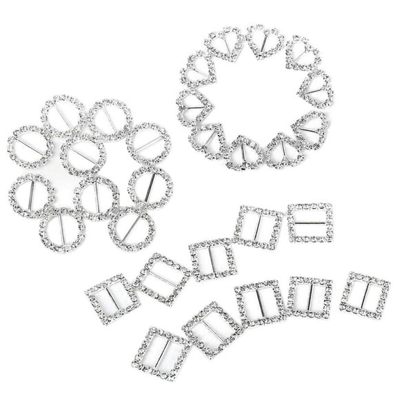 30pcs Heart / Round / Square Shape Ribbon Buckle Sliders for DIY Craft Wedding Invitation (Silver)