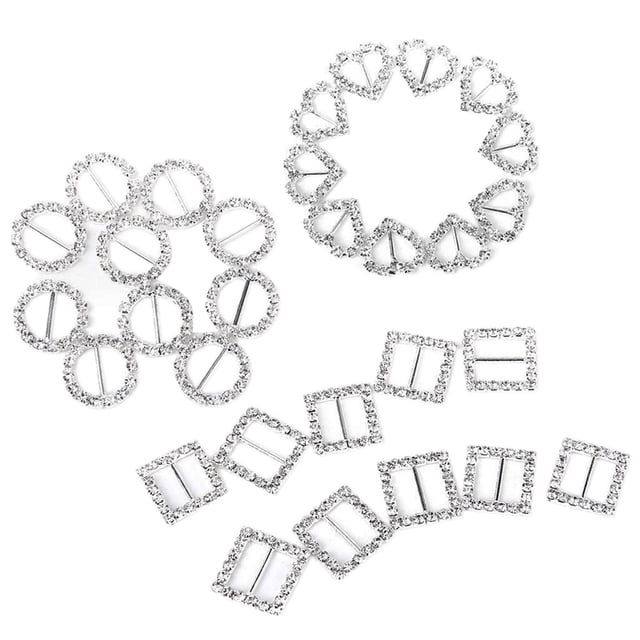 CIMAXIC 30pcs Heart / Round / Square Shape Ribbon Buckle Sliders for DIY Craft Wedding Invitation (Silver),0.87"X0.79"X0.08"