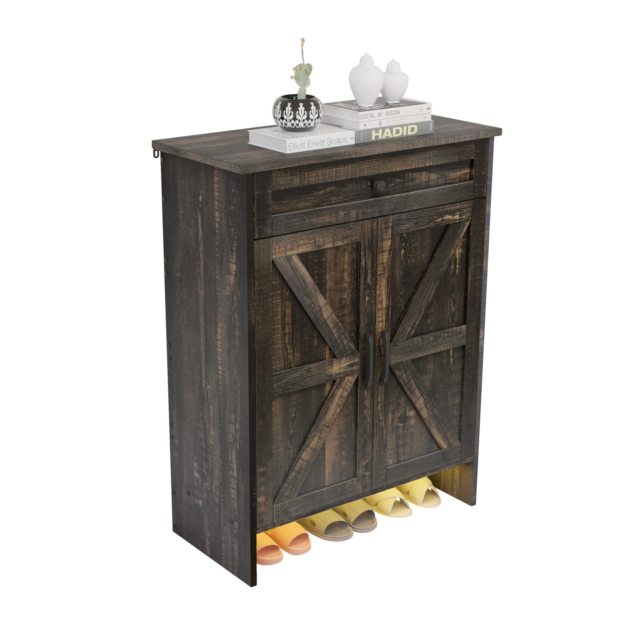 Uforic Farmhouse Narrow Slim 6-Tier Shoe Storage Cabinet  with Top Drawer & Sensor Light for 16 Pairs for Entryway, Foyer, Dark Rustic Oak