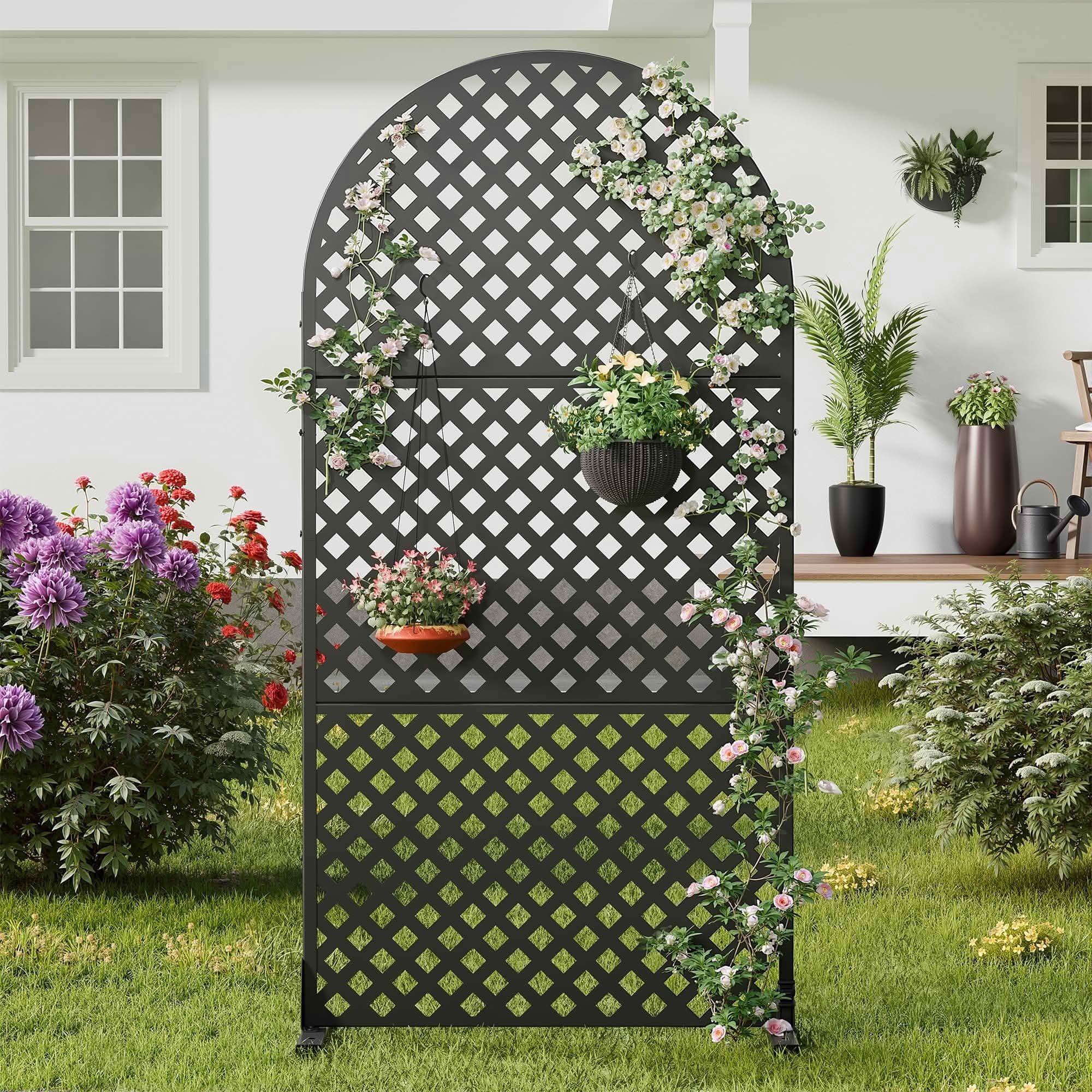 MAYEERTY 72x35x16 Inch Black Diamond Arched Galvanized Steel Privacy Screen, 3 Piece Set for Outdoor Garden