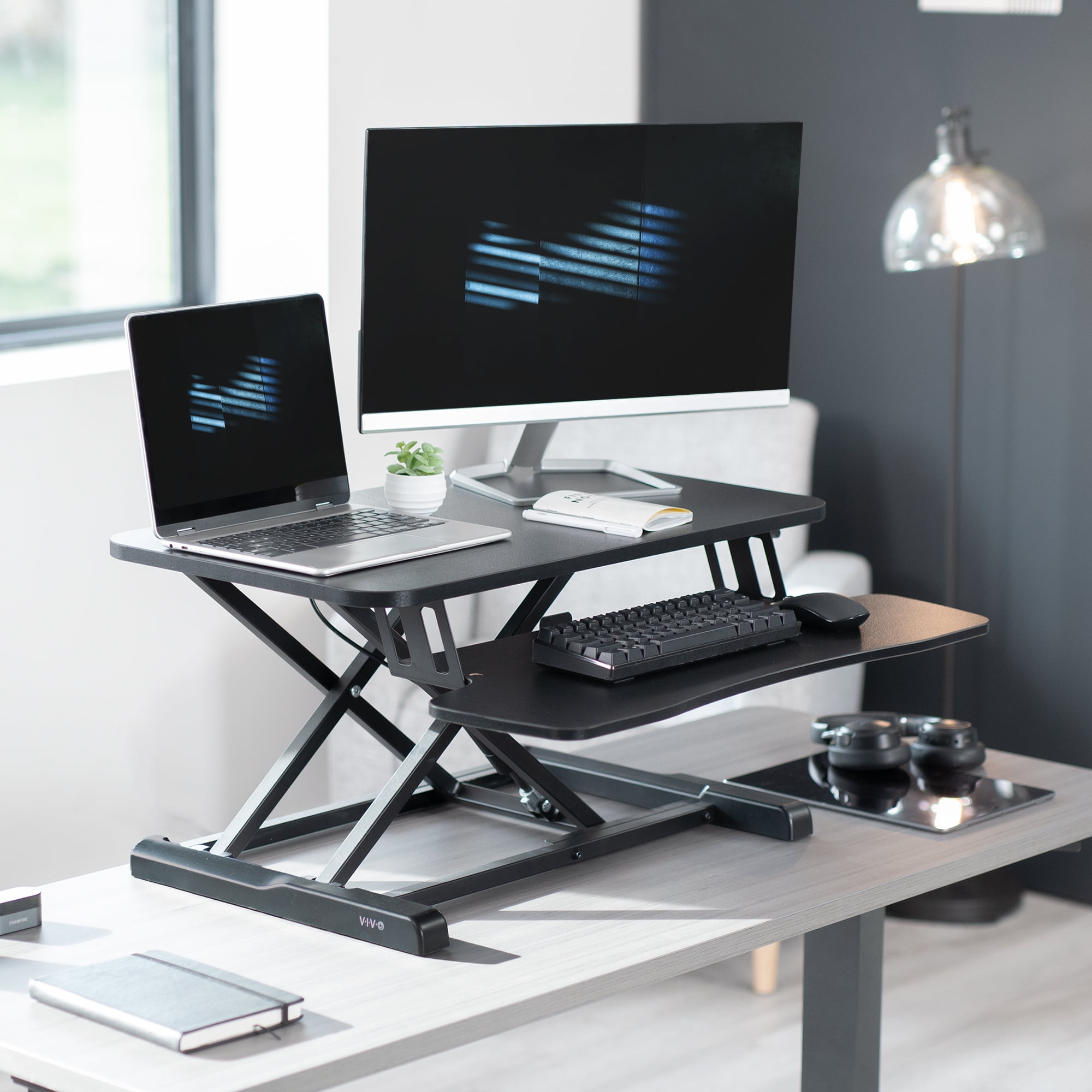 VIVO Black Height Adjustable 28" Standing Desk Monitor Riser, Sit Stand Tabletop