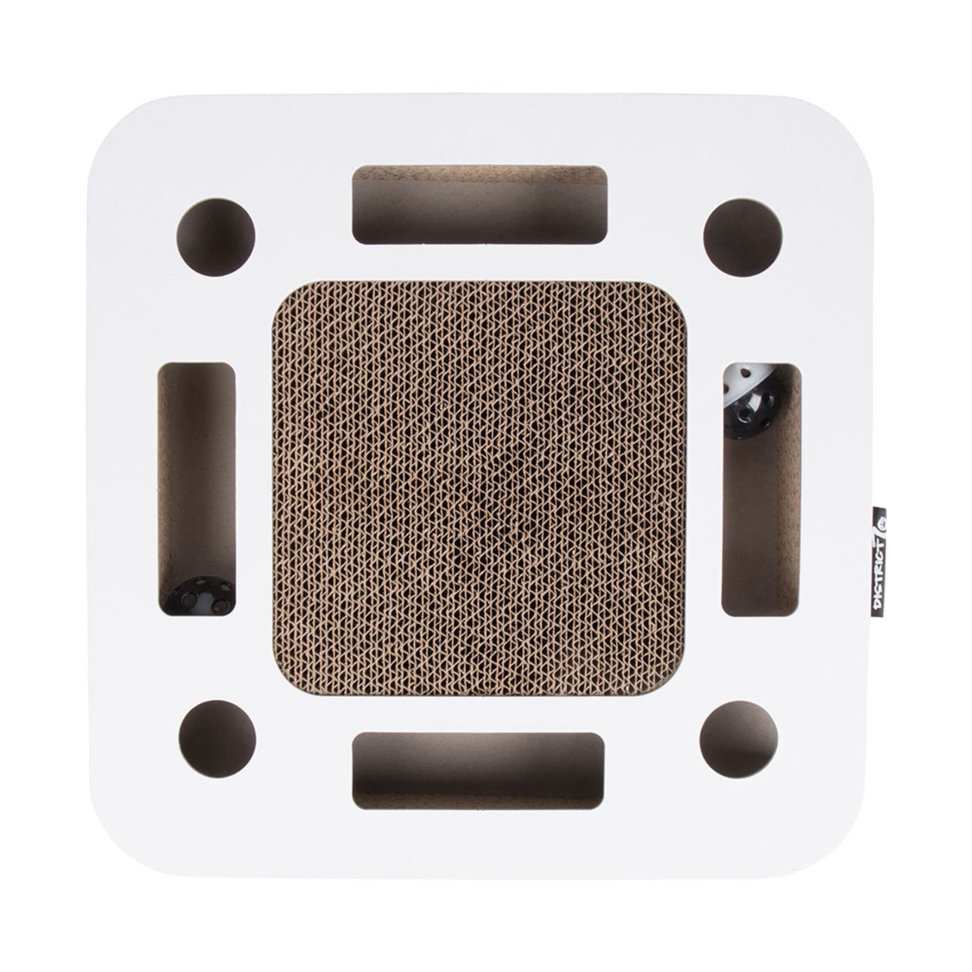 District 70 Spy Cat Scratcher with Ball and Bell, Corrugated Cardboard, Modern Design, Interactive Toy and Scratch Pad, Play and Groom, Keep Your Cat Active and Healthy - White