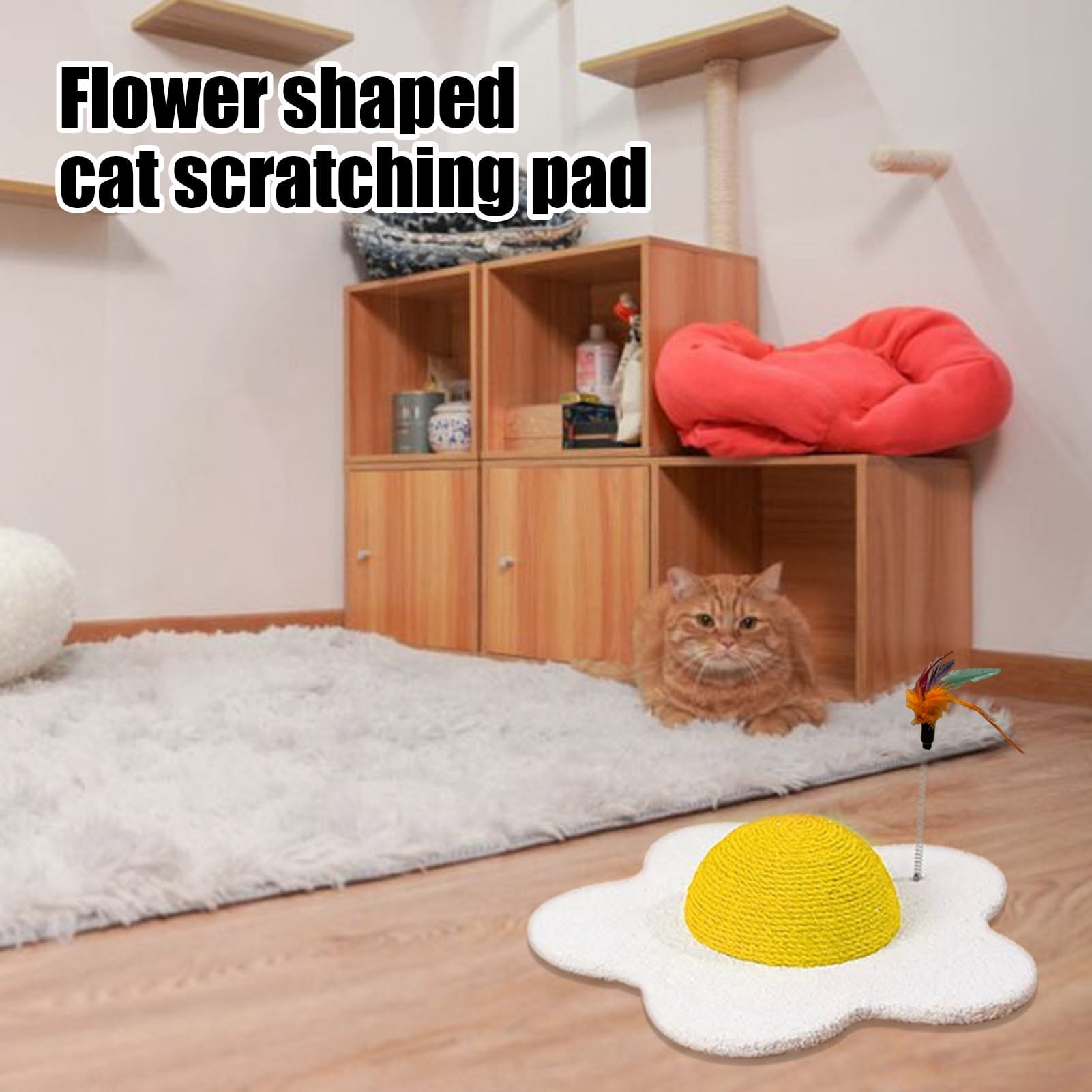 YIFAEUX Cat Scratch Pad Flower Shape Sisal Rope Cat Scratcher Interactive Floor Cat Scratching Board with Spring Plush Bee for Furniture Protector