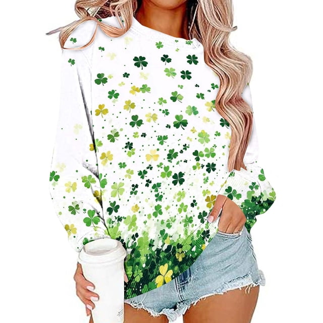 TaTaai Ladies Fashion St. Patrick's Day Printed Loose Round Neck Sweatshirt Long Sleeve Hoodless Casual Top Soft Comfortable for Daily Home Office Streetwear Spring Fall Winter Gift