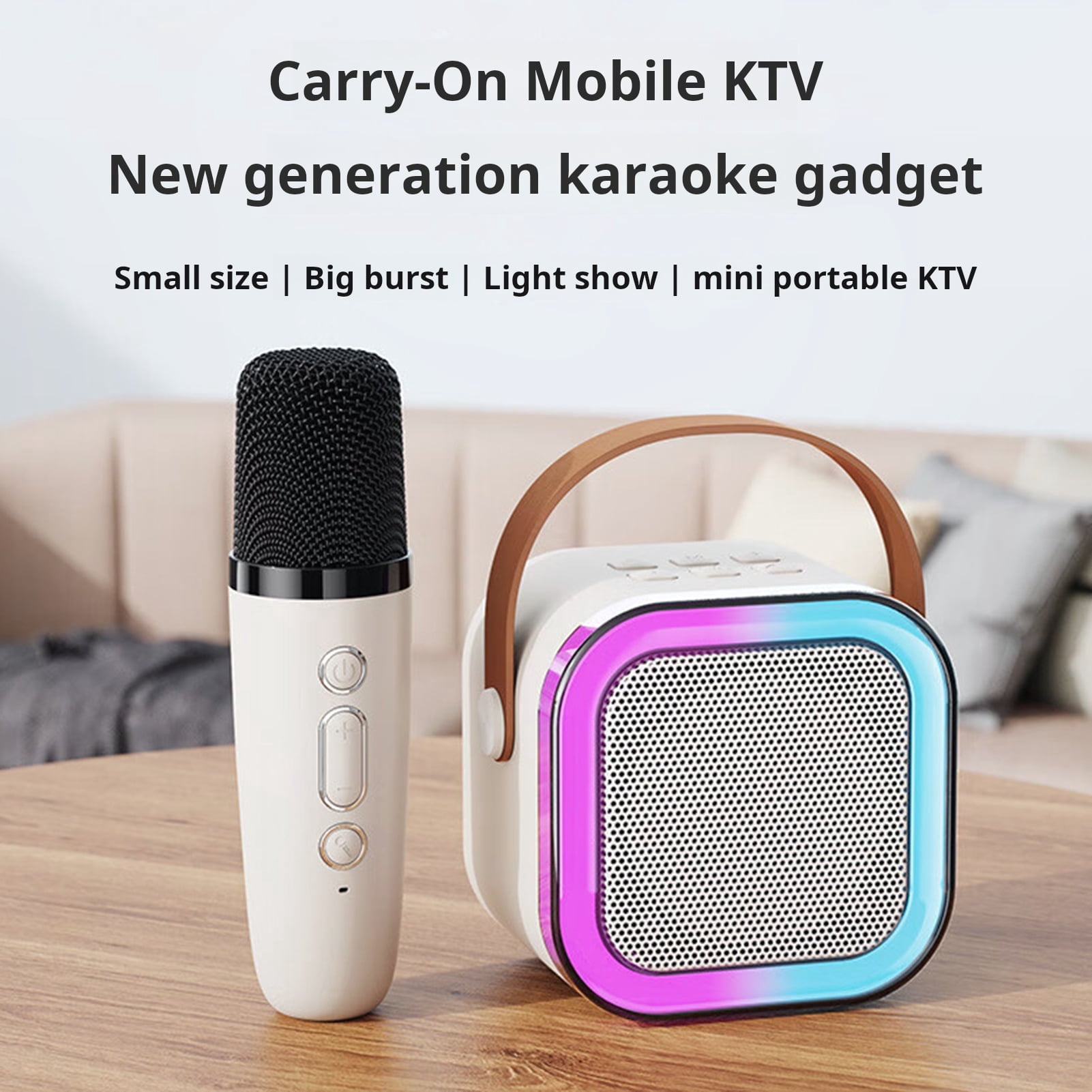 Mini Karaoke Machine with 2 Wireless Microphones Voice Changer Stereo Sound Portable Bluetooth-compatible Portable Speaker with Light
