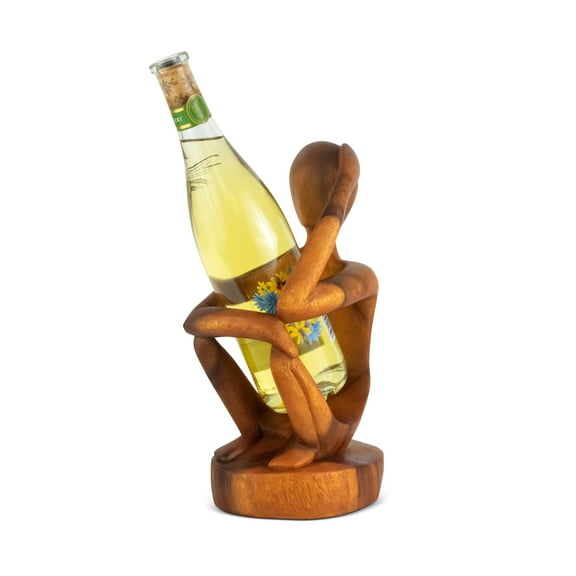 12" Wooden Abstract Hand Carved Wine Rack Bottle Holder "Thinking Man" Free Standing Thinker Handmade Wood Home Decor Accent Gift Bar Art Handcrafted