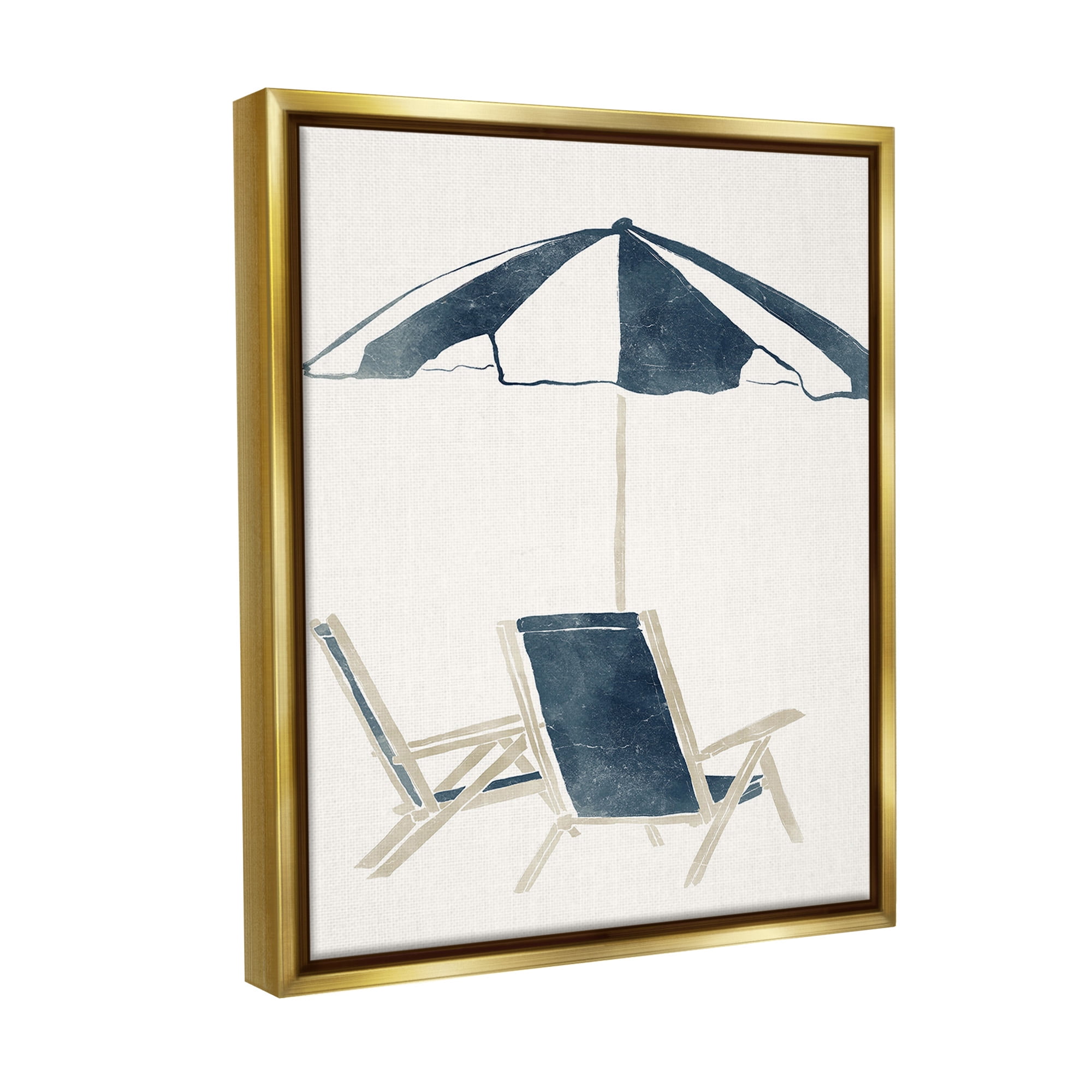 Stupell Industries Minimal Beach Umbrella & Chairs Nature Painting Gold Floater Framed Canvas Art Print Wall Art, 25 x 31