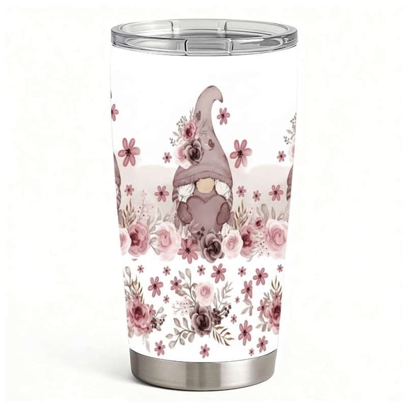 Christmas Gnome Insulated Tumbler with Lid, Red & Green Holiday Snowflake Design Stainless Steel Double-Wall Travel Cup