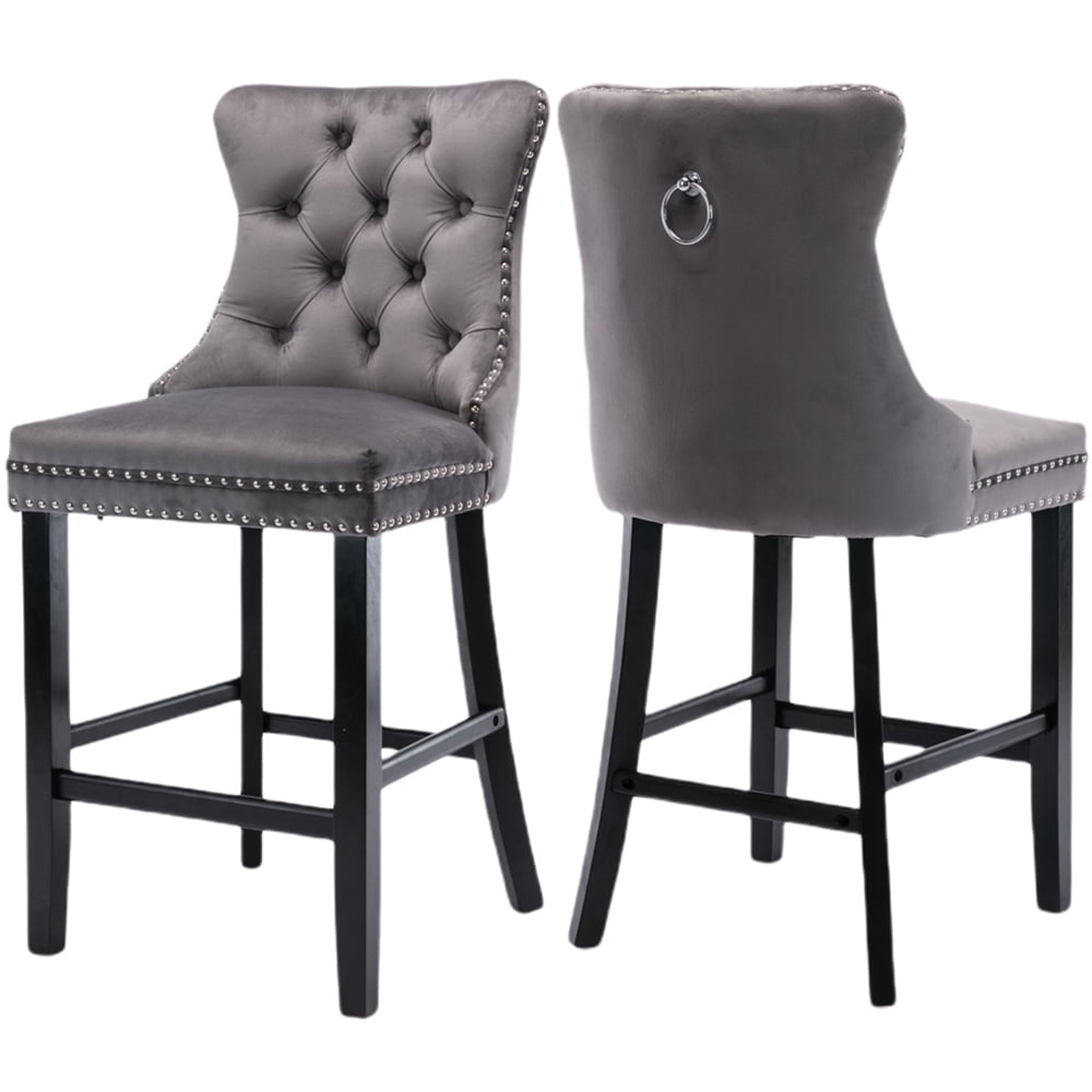 eSituro Wood Breakfast Chairs Set of 2 Fabric Seat Barstool Set kitchen Counter Stools with Backrest Footrest Black Wooden Legs Dark Grey SBST0304