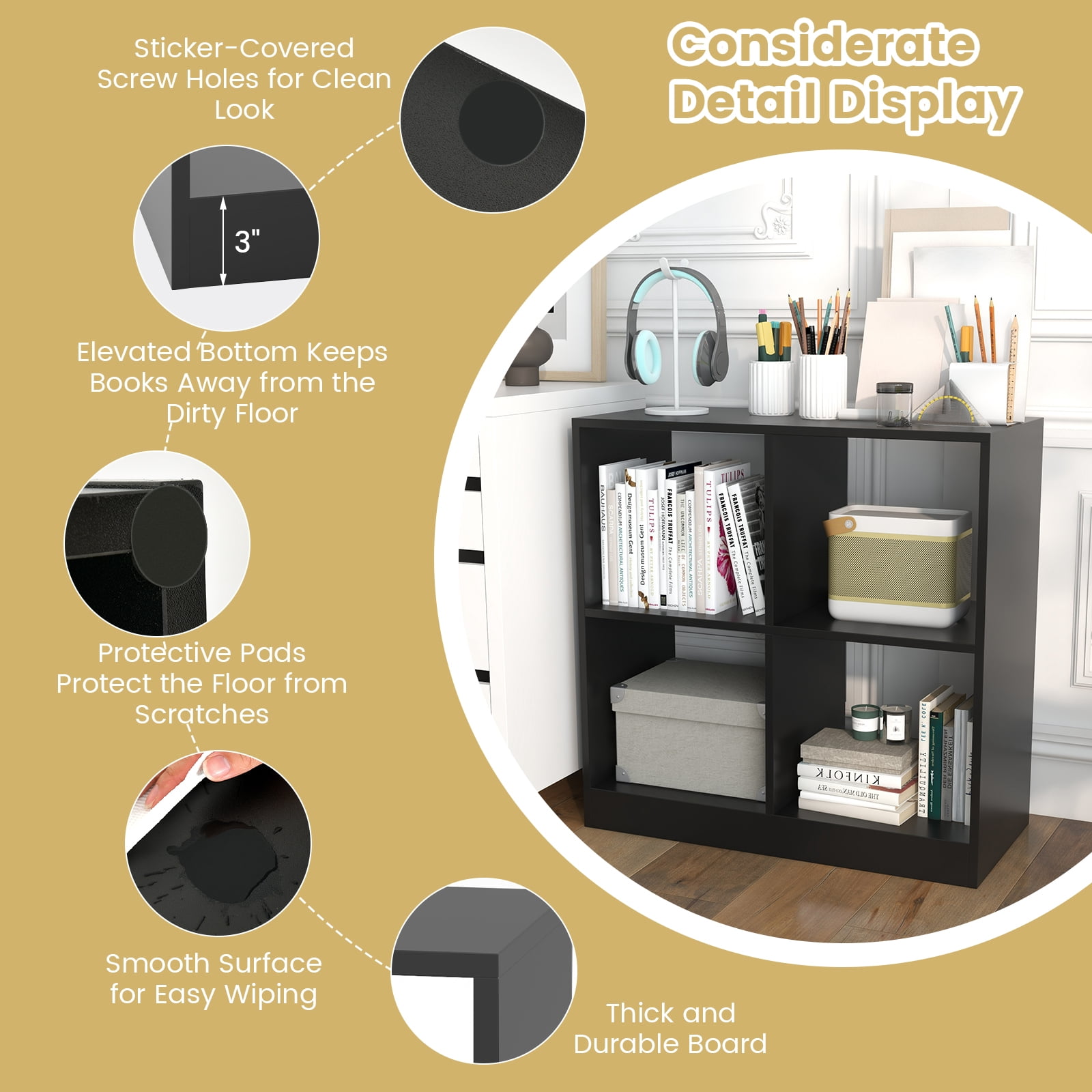 Topbuy 4-Cube Bookcase Floor Open Wooden Bookshelf with 2 Anti-Tipping Kits Modern Shelving Organizer Multipurpose Storage Cabinet Black