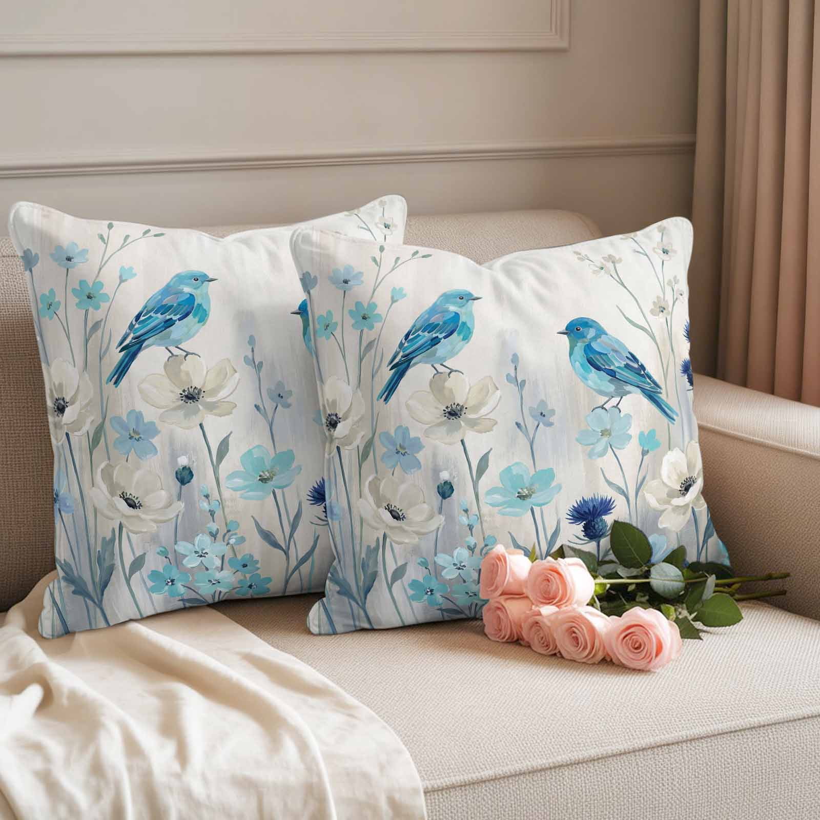 Spring Flowers Pillow Covers 2 Pack Watercolor Blue Bird Floral White Country Style Pillowcase Waterproof Outdoor Throw Pillow Cover for Patio Garden Square Cushion 18”x18”