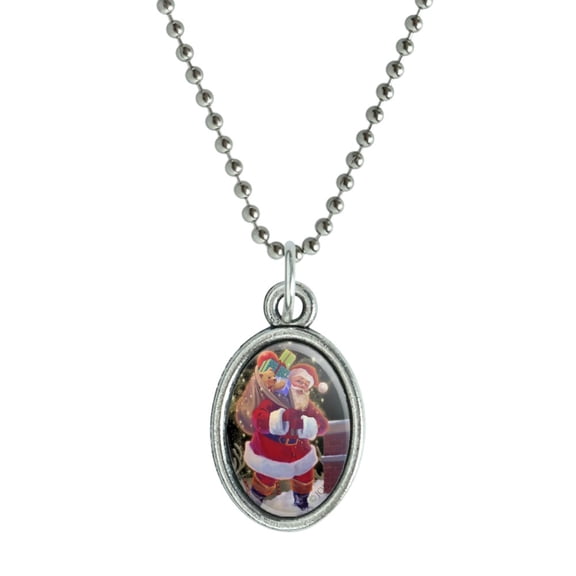 Christmas Holiday Santa Chimney Magic Antiqued Oval Charm Pendant with Chain
