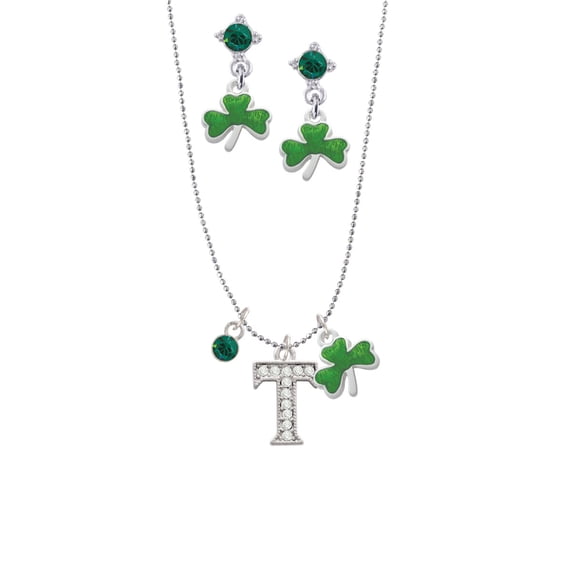 Delight Jewelry Silvertone Crystal Initial - T - Green Shamrock Necklace and Clover Earrings Jewelry Set