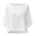 thumbnail image 6 of Womens Tops Shirts Solid Color Casual Crewneck 3/4 Sleeve Linen Crop Plus Sizes Plain Tees Blouses White, 6 of 9