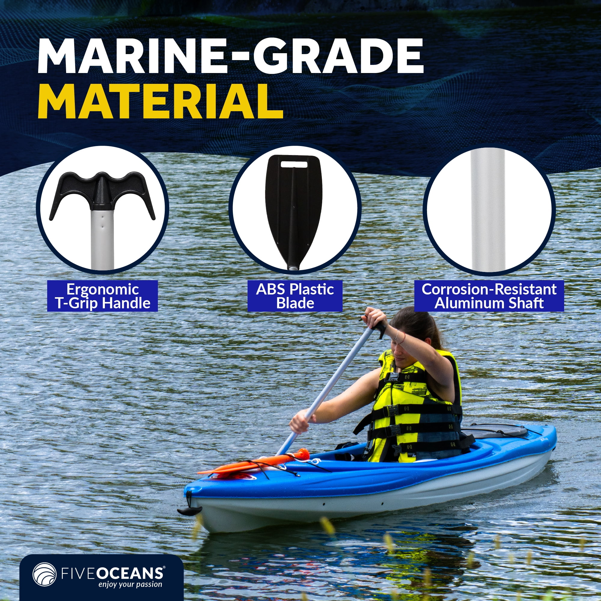 Five Oceans Canoe Paddle, 2-Pack Canoe Paddles and Boat Hook, Black, 4-Feet Long, Anodized Aluminum Shaft, Reinforced ABS Plastic Blade & Hook, Lightweight - FO1876-M2