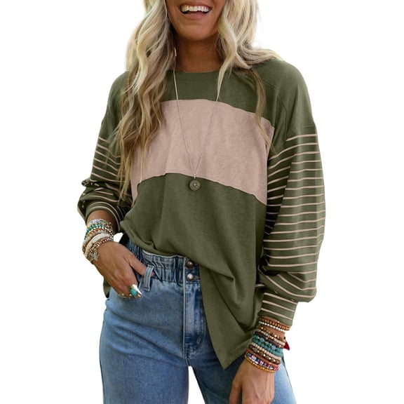 CAILDANL Long Sleeve Tops Oversized 2025 Trendy Round Crew Neck Casual Color Block Womens Shirts Blouses