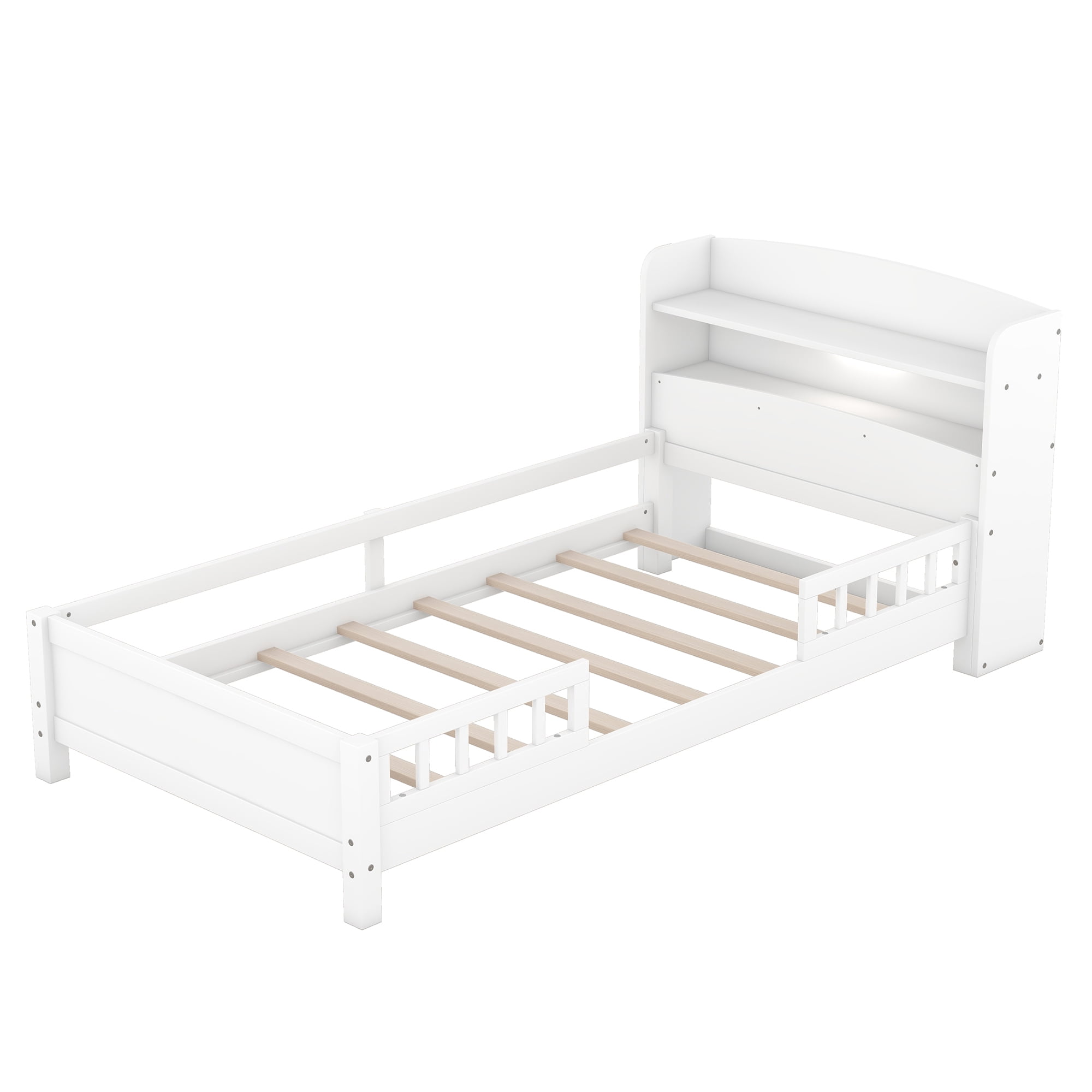 Euroco Wood Twin Size Platform Bed with Storage Headboard and LED Light, White