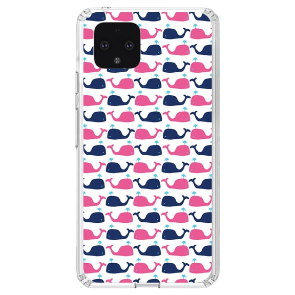 DistinctInk Clear Shockproof Hybrid Case for Google Pixel 4 (5.7" Screen) - TPU Bumper, Acrylic Back, Tempered Glass Screen Protector - Pink Navy Cartoon Whales - Cartoon Whales