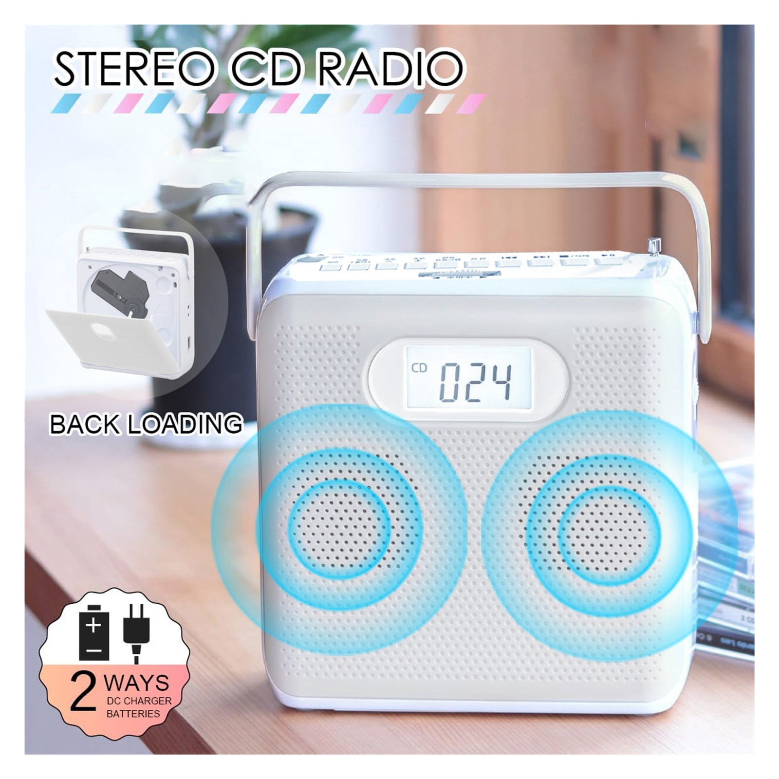 Vertical Portable CD Player with Bluetooth Speakers - USB/MP3 FM Radio Support DC 5V & Battery Power