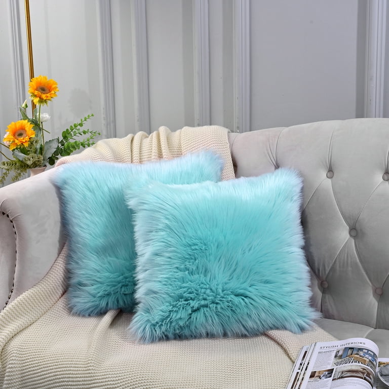 Sky Blue Faux Fur Pillow Cover, Luxury Furry Pillow Cover for Home Decor,  Fabric Fluffy Cushion Cover, Unique Soft Fur Pillow 