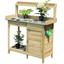 Costway Outdoor Potting Bench Garden Wooden Work Station Metal Tabletop Cabinet Drawer