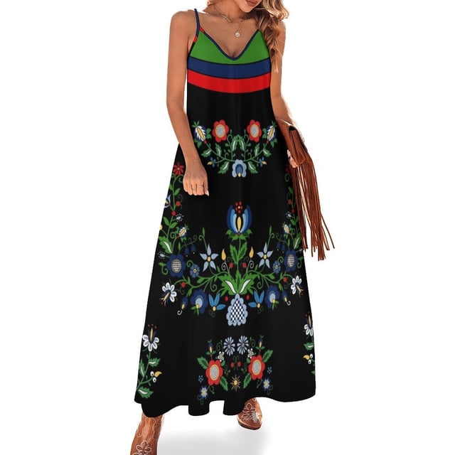 New Folk - Kashubian Folk - Robe Sans Manches Noire BG pour Femmes Robe d'Anniversaire d'Été pour Femmes Luxe 2024