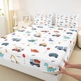 thumbnail image 4 of Metsweet Cartoon Truck Dino King Sheets 4pcs, Kawaii Animal Bedding, Blue Yellow,1 Fitted Sheet, 1 Flat Sheet and 2 Pillowcases, 4 of 5