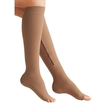 Compression Baseball Socks - Zipper Medical Compression Socks With Open Toe - Best Support Zipper Stocking for Varicose Veins, Edema, Swollen or Sore Legs, (Size: L, Beige)
