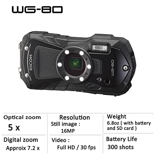 Ricoh WG-80 Black Waterproof Digital Camera Shockproof Freezeproof