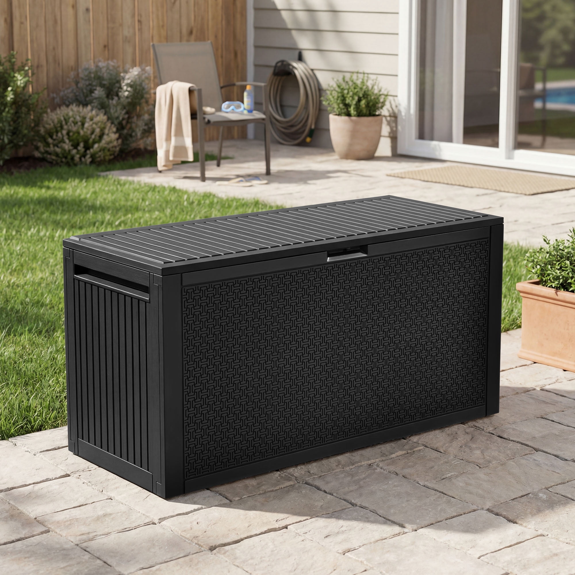 Uforic 90 Gallon Resin Outdoor Deck Box, Waterproof UV Resistant Lockable Storage Box with Handles, Black