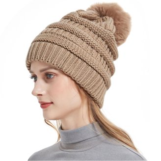 Women\'s Faux Fur Fleece Lined Khaki Winter Thick Knit Pom Skull Beanie Hat Cap C.C YJ820 - Thick Cable Knit Hat Faux Fur Pom Pom Fleece  main image 2